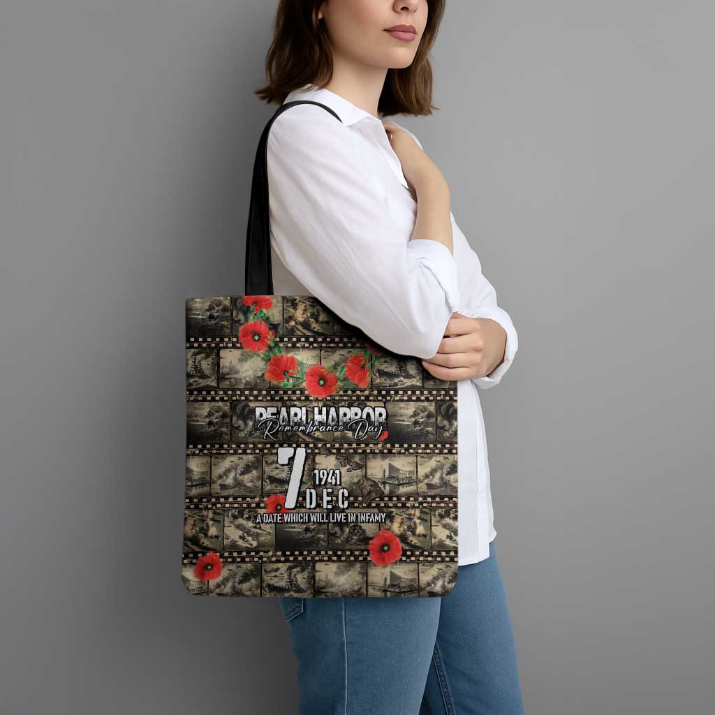 Pearl Harbor Remembrance Day Tote Bag Memories of December 7 with Red Poppy Lei - Polynesian Pride