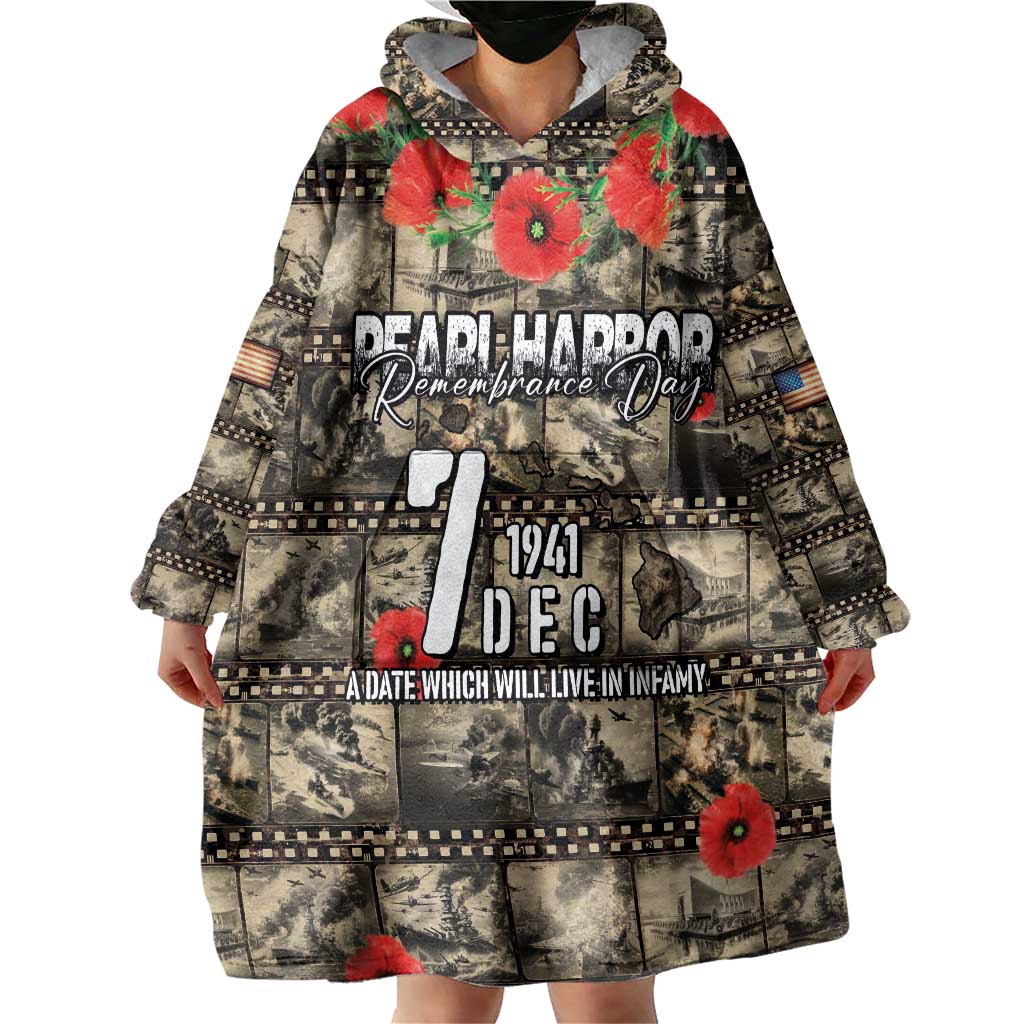 Pearl Harbor Remembrance Day Personalized Wearable Blanket Hoodie Memories of December 7 with Red Poppy Lei - Polynesian Pride