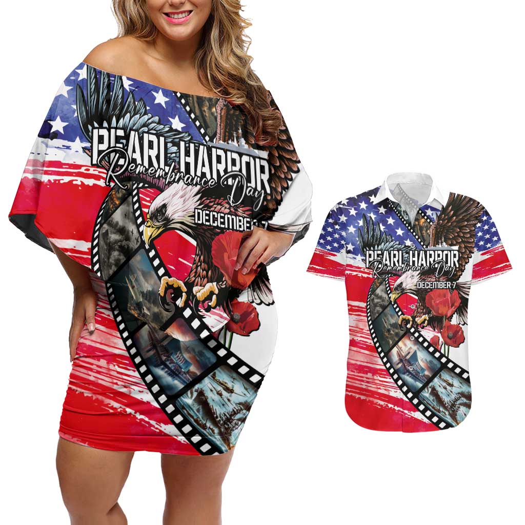 Pearl Harbor Remembrance Day Personalized Couples Matching Off Shoulder Short Dress and Hawaiian Shirt Lest We Forget - The Bald Eagle Remembers - Polynesian Pride