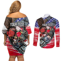 Pearl Harbor Remembrance Day Personalized Couples Matching Off Shoulder Short Dress and Long Sleeve Button Shirt Lest We Forget - The Bald Eagle Remembers - Polynesian Pride