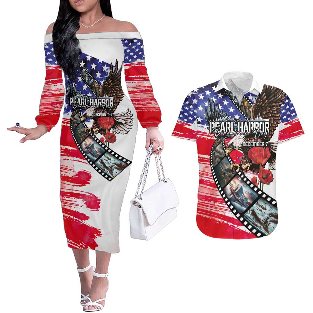 Pearl Harbor Remembrance Day Personalized Couples Matching Off The Shoulder Long Sleeve Dress and Hawaiian Shirt Lest We Forget - The Bald Eagle Remembers - Polynesian Pride