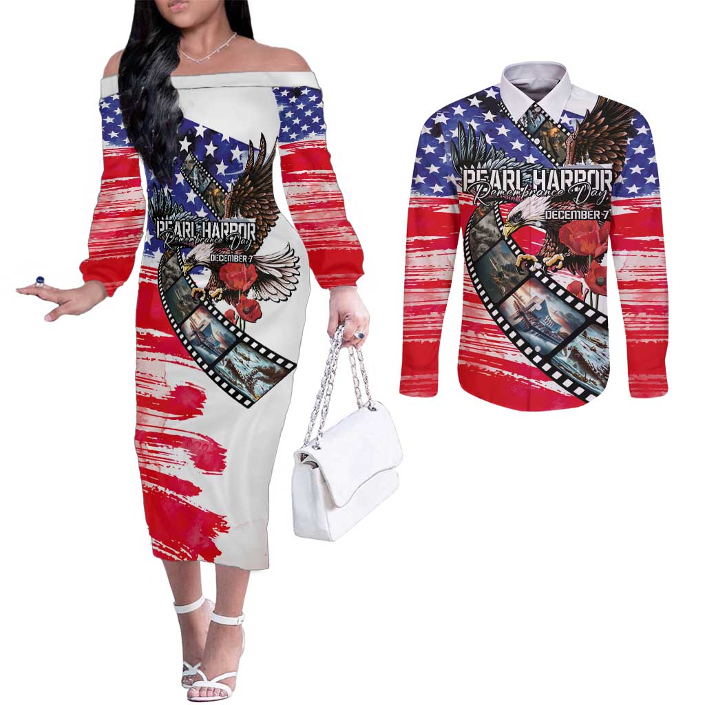 Pearl Harbor Remembrance Day Personalized Couples Matching Off The Shoulder Long Sleeve Dress and Long Sleeve Button Shirt Lest We Forget - The Bald Eagle Remembers LT03 White - Polynesian Pride