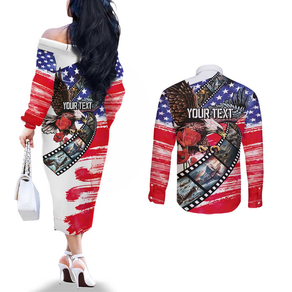 Pearl Harbor Remembrance Day Personalized Couples Matching Off The Shoulder Long Sleeve Dress and Long Sleeve Button Shirt Lest We Forget - The Bald Eagle Remembers LT03 - Polynesian Pride