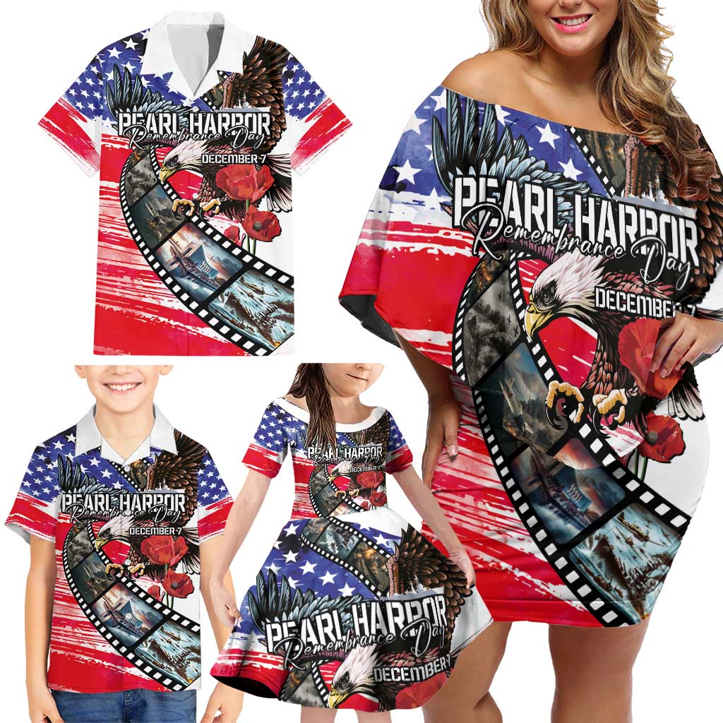 Pearl Harbor Remembrance Day Personalized Family Matching Off Shoulder Short Dress and Hawaiian Shirt Lest We Forget - The Bald Eagle Remembers - Polynesian Pride