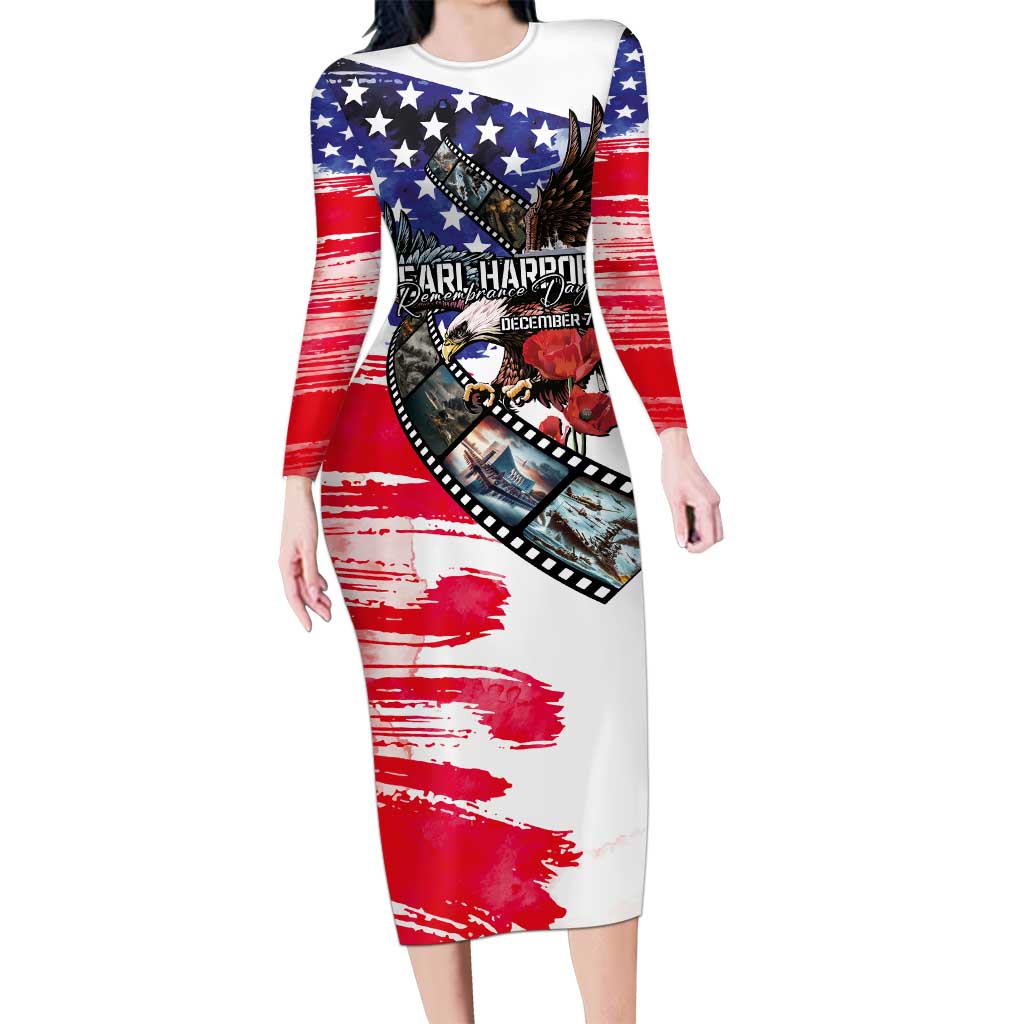 Pearl Harbor Remembrance Day Personalized Long Sleeve Bodycon Dress Lest We Forget - The Bald Eagle Remembers - Polynesian Pride