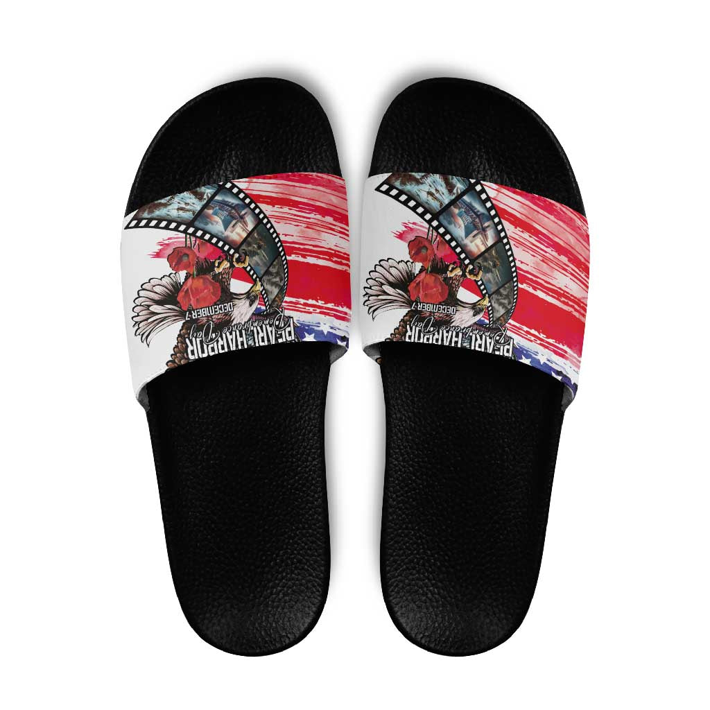 Pearl Harbor Remembrance Day Slide Sandals Lest We Forget - The Bald Eagle Remembers - Polynesian Pride