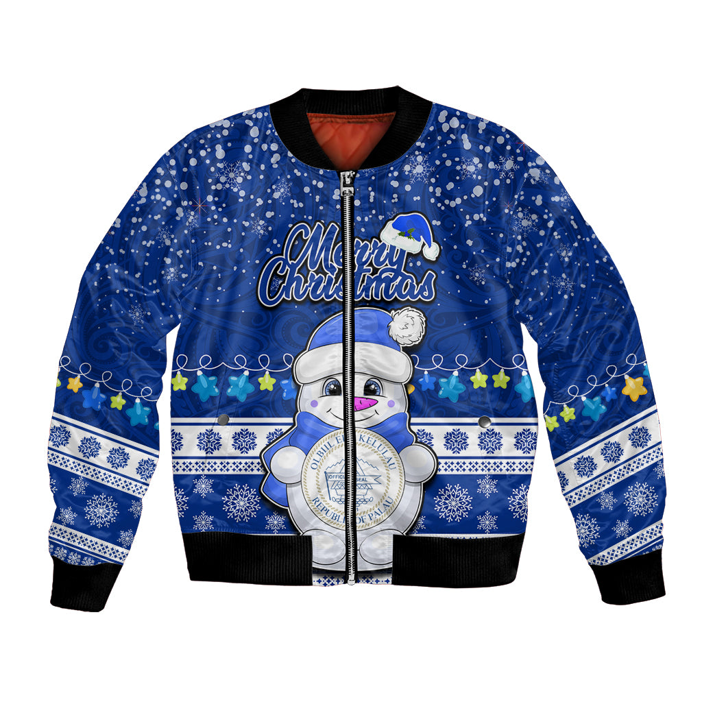 Palau Christmas Bomber Jacket Snowman Hugs Palau Coat of Arms Maori Pattern Blue Style LT03 Unisex Blue - Polynesian Pride