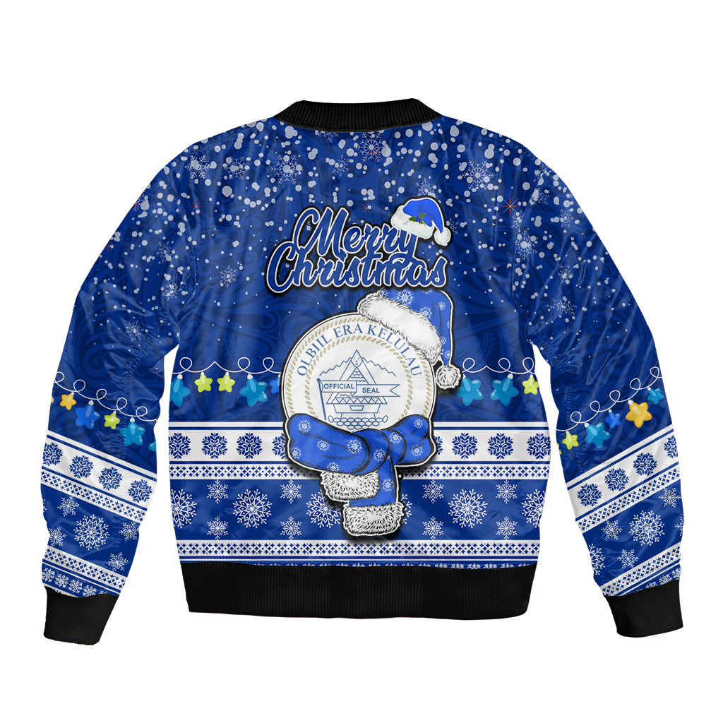 Palau Christmas Bomber Jacket Snowman Hugs Palau Coat of Arms Maori Pattern Blue Style LT03 - Polynesian Pride