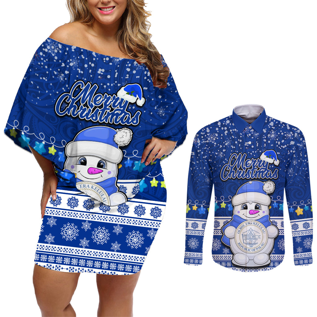 Palau Christmas Couples Matching Off Shoulder Short Dress and Long Sleeve Button Shirt Snowman Hugs Palau Coat of Arms Maori Pattern Blue Style LT03 Blue - Polynesian Pride