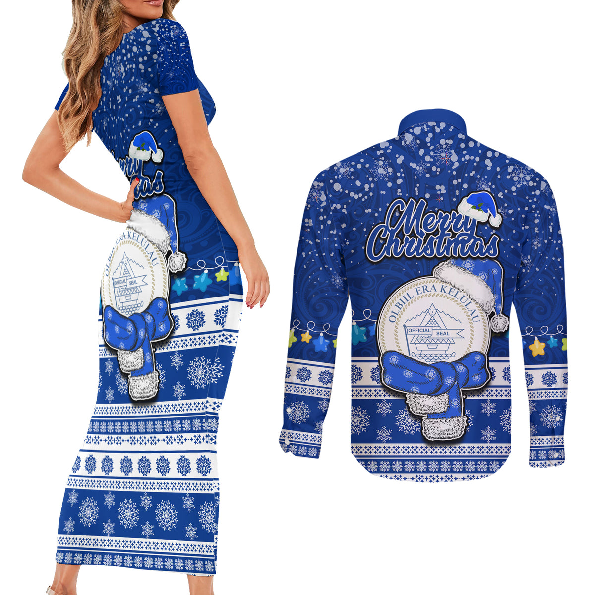 Palau Christmas Couples Matching Short Sleeve Bodycon Dress and Long Sleeve Button Shirt Snowman Hugs Palau Coat of Arms Maori Pattern Blue Style LT03 - Polynesian Pride