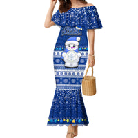 Palau Christmas Family Matching Mermaid Dress and Hawaiian Shirt Snowman Hugs Palau Coat of Arms Maori Pattern Blue Style LT03 Mom's Dress Blue - Polynesian Pride