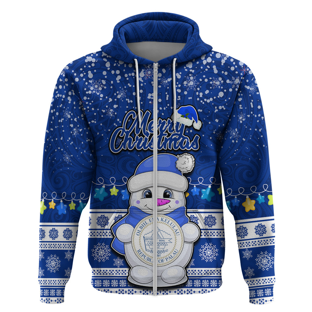 Palau Christmas Hoodie Snowman Hugs Palau Coat of Arms Maori Pattern Blue Style LT03 - Polynesian Pride