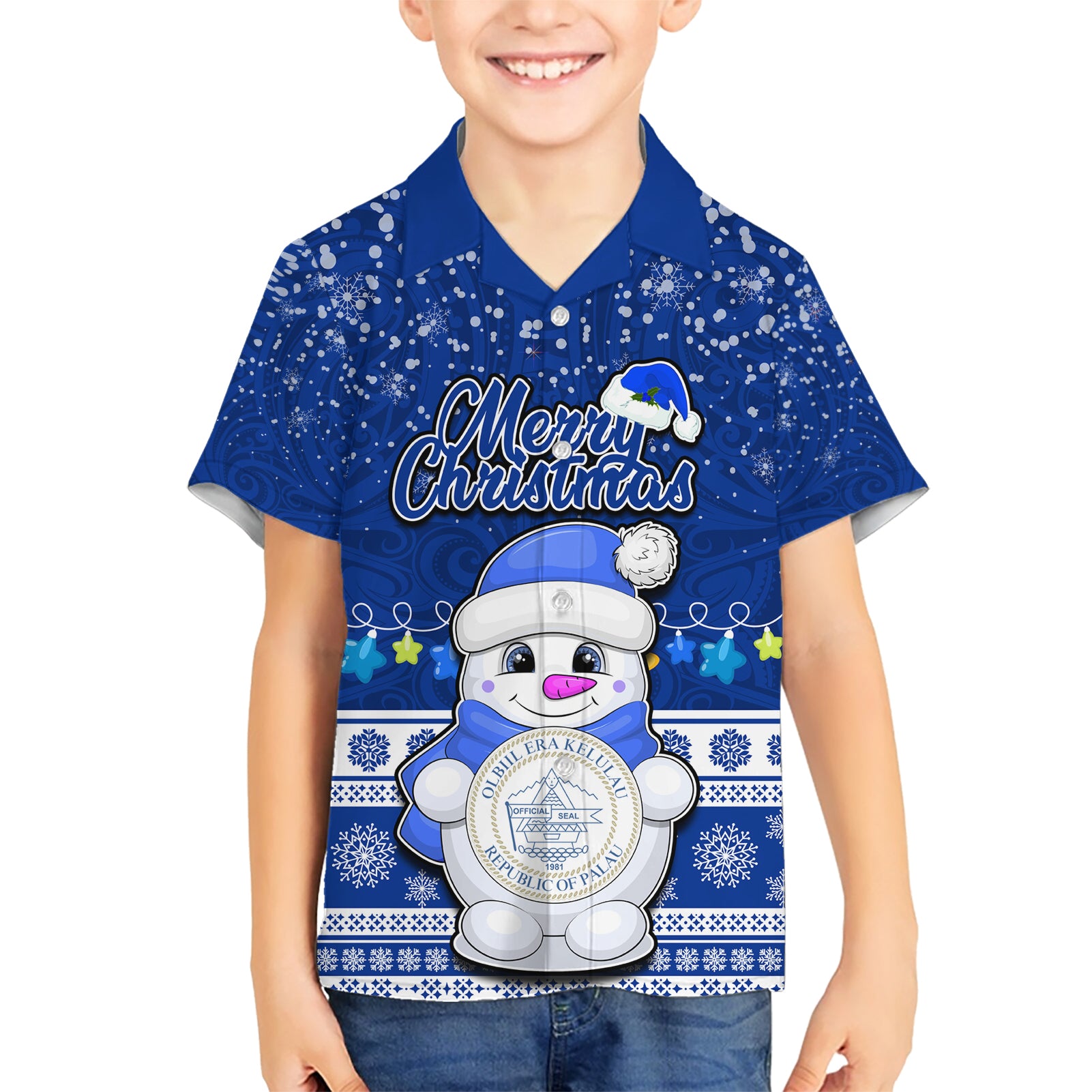 Palau Christmas Kid Hawaiian Shirt Snowman Hugs Palau Coat of Arms Maori Pattern Blue Style LT03 Kid Blue - Polynesian Pride