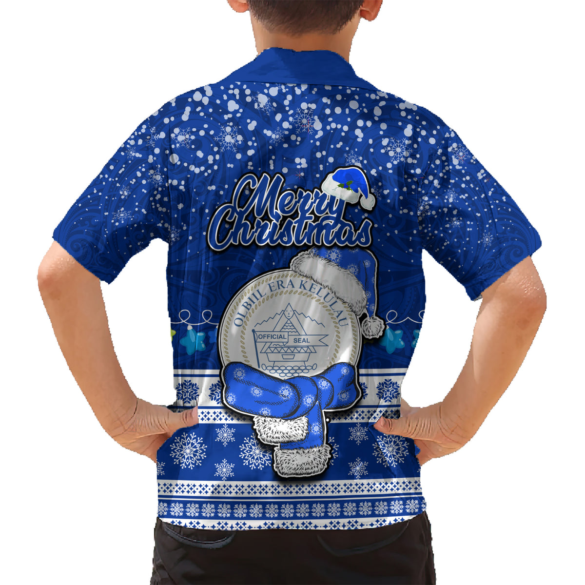 Palau Christmas Kid Hawaiian Shirt Snowman Hugs Palau Coat of Arms Maori Pattern Blue Style LT03 - Polynesian Pride