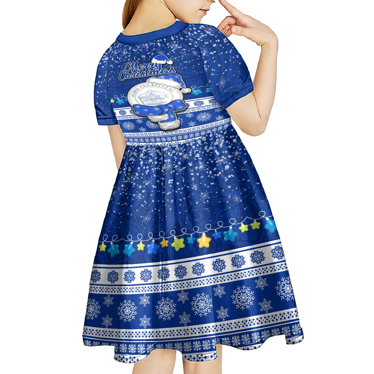 Palau Christmas Kid Short Sleeve Dress Snowman Hugs Palau Coat of Arms Maori Pattern Blue Style LT03 - Polynesian Pride