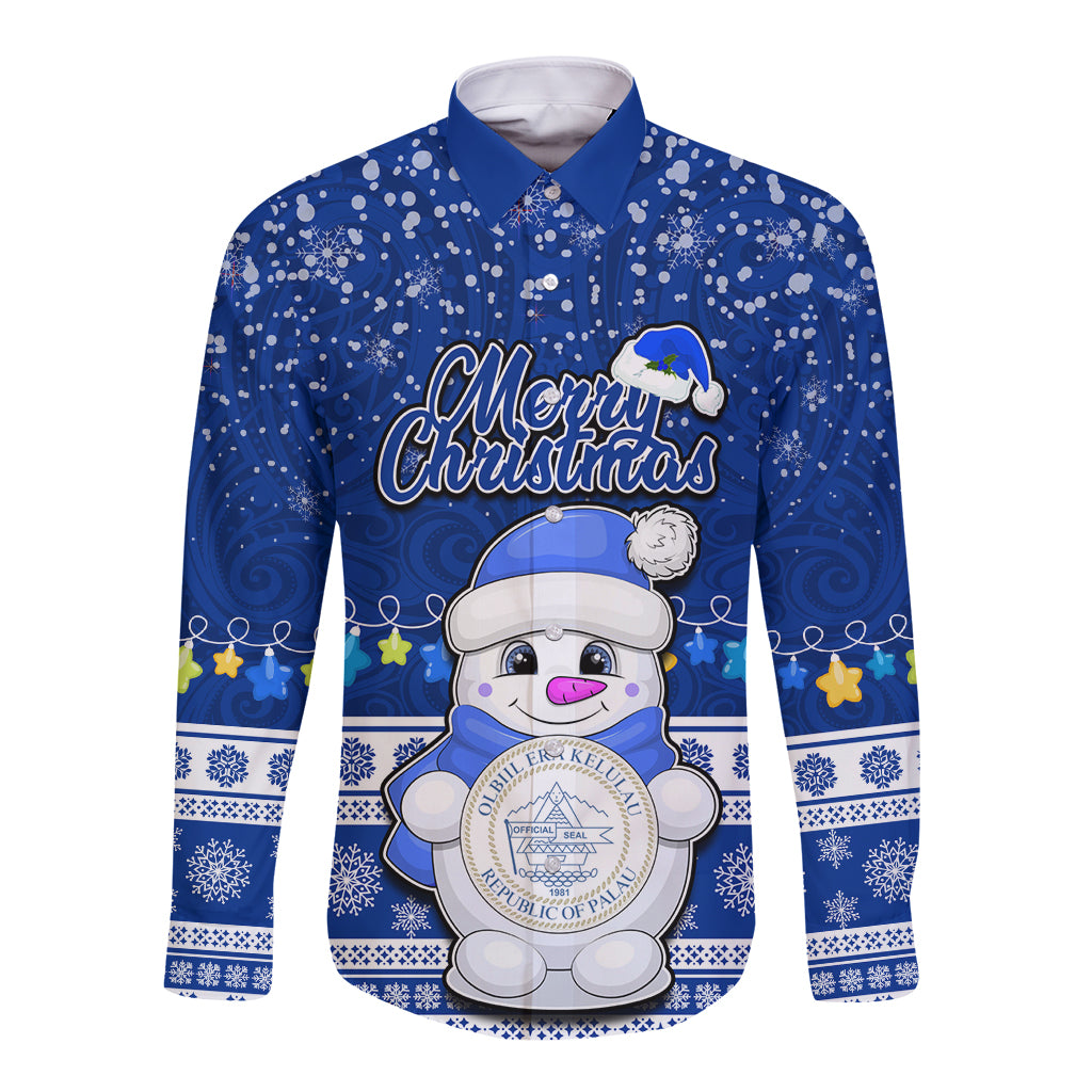 Palau Christmas Long Sleeve Button Shirt Snowman Hugs Palau Coat of Arms Maori Pattern Blue Style LT03 Unisex Blue - Polynesian Pride