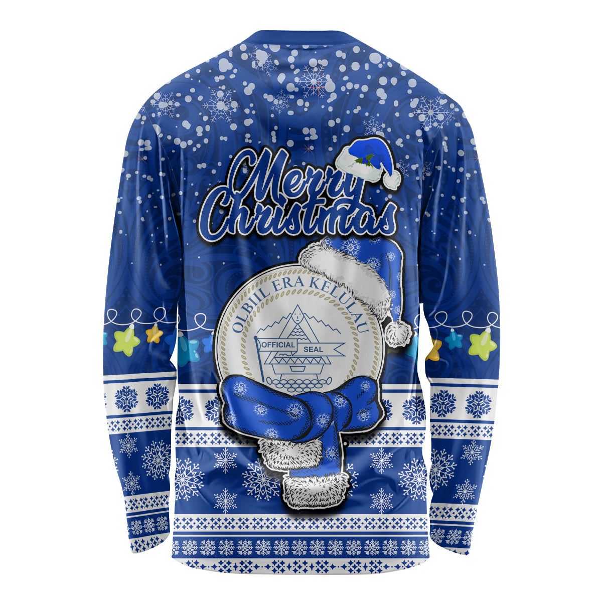 Palau Christmas Long Sleeve Shirt Snowman Hugs Palau Coat of Arms Maori Pattern Blue Style LT03 - Polynesian Pride