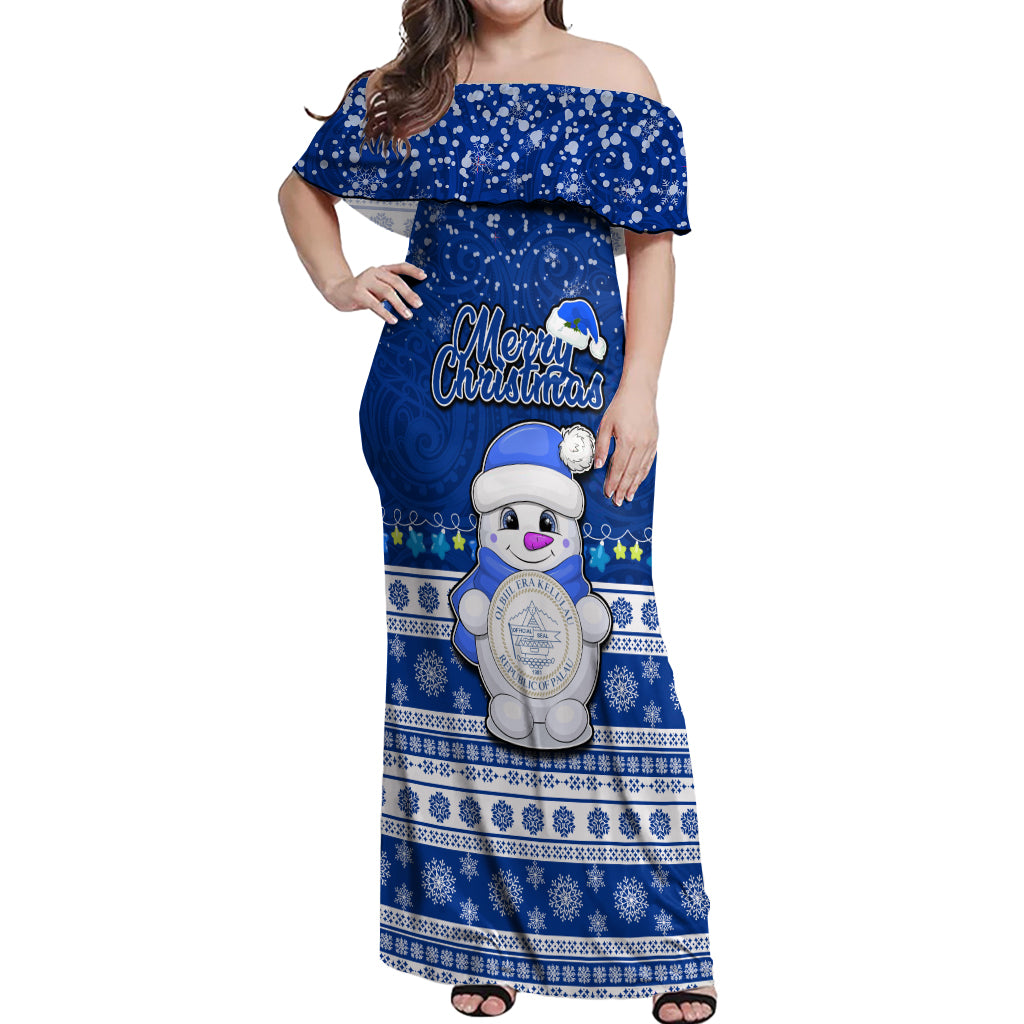 Palau Christmas Off Shoulder Maxi Dress Snowman Hugs Palau Coat of Arms Maori Pattern Blue Style LT03 Women Blue - Polynesian Pride