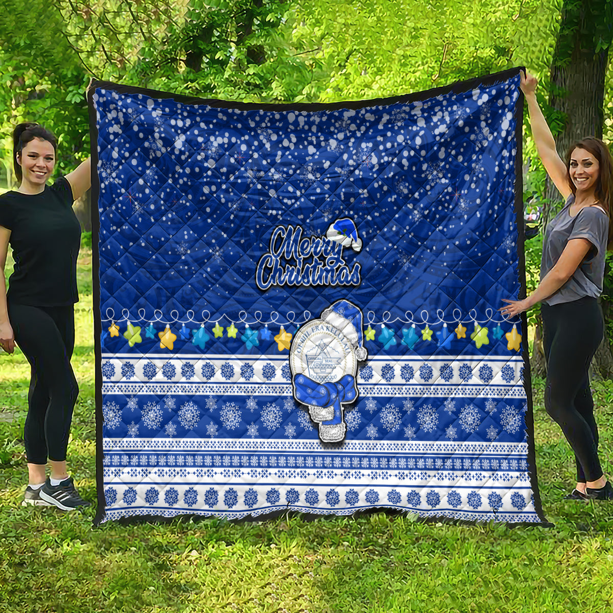 Palau Christmas Quilt Snowman Hugs Palau Coat of Arms Maori Pattern Blue Style LT03 - Polynesian Pride