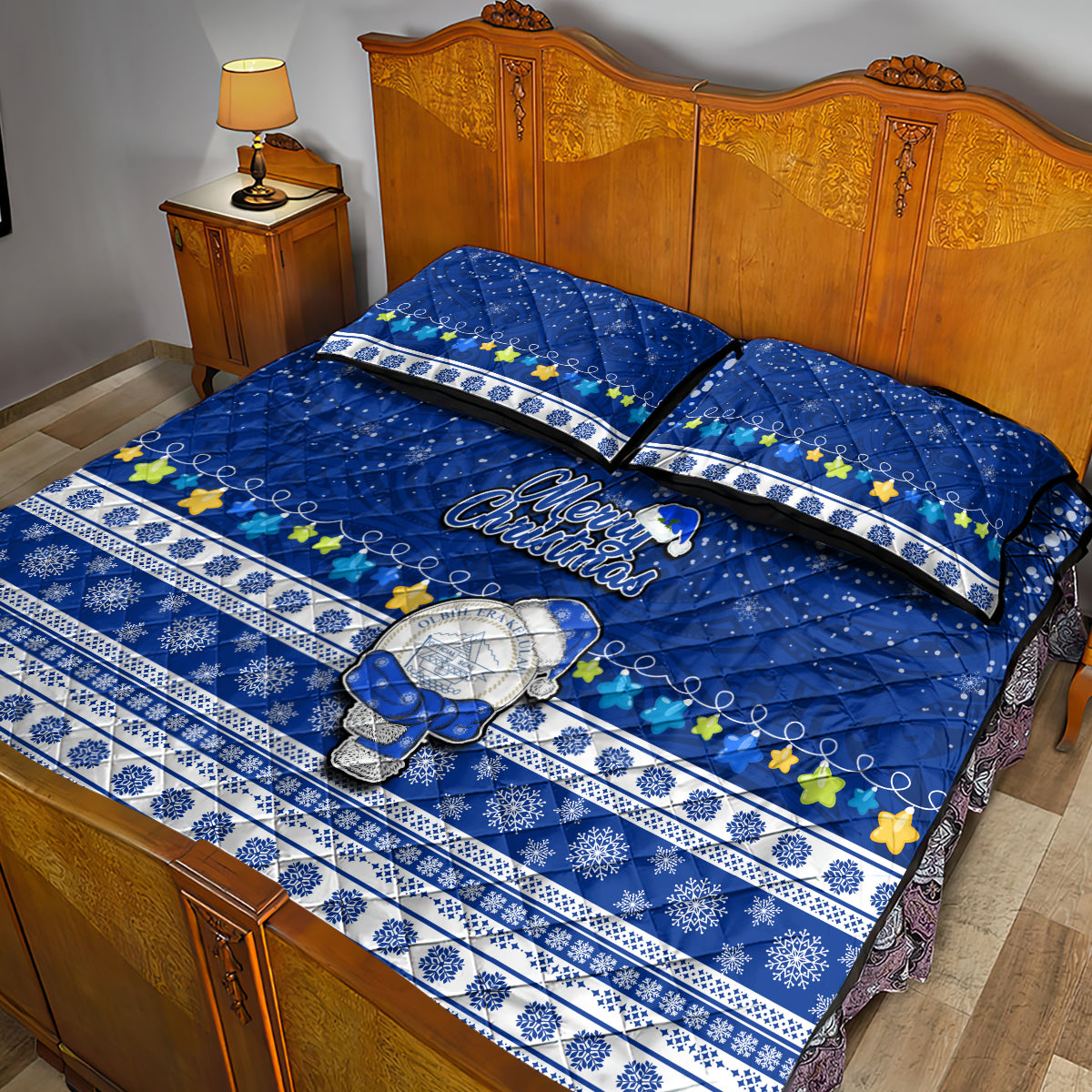 Palau Christmas Quilt Bed Set Snowman Hugs Palau Coat of Arms Maori Pattern Blue Style LT03 - Polynesian Pride