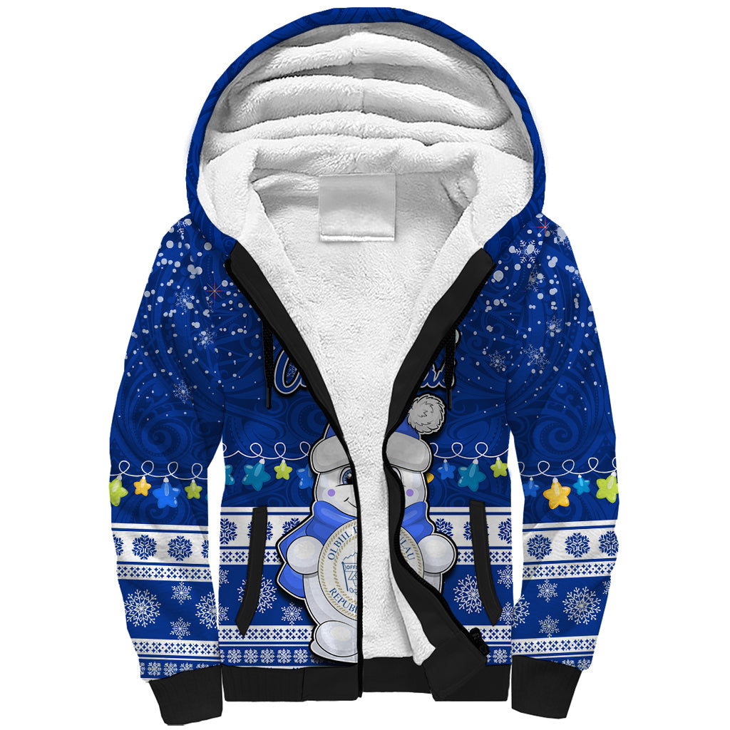 Palau Christmas Sherpa Hoodie Snowman Hugs Palau Coat of Arms Maori Pattern Blue Style LT03 Unisex Blue - Polynesian Pride