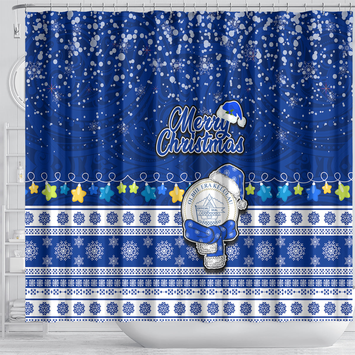 Palau Christmas Shower Curtain Snowman Hugs Palau Coat of Arms Maori Pattern Blue Style LT03 - Polynesian Pride