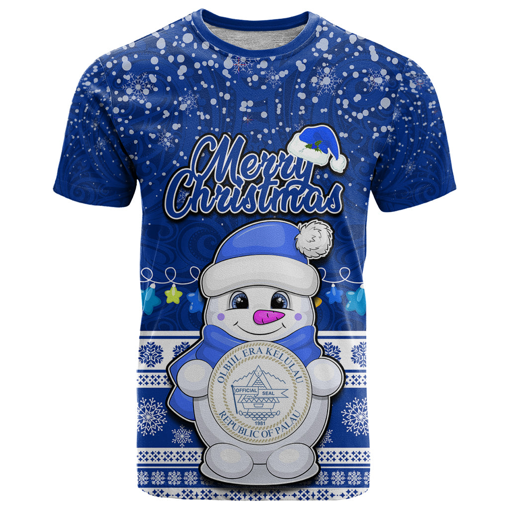Palau Christmas T Shirt Snowman Hugs Palau Coat of Arms Maori Pattern Blue Style LT03 Blue - Polynesian Pride