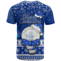 Palau Christmas T Shirt Snowman Hugs Palau Coat of Arms Maori Pattern Blue Style LT03 - Polynesian Pride