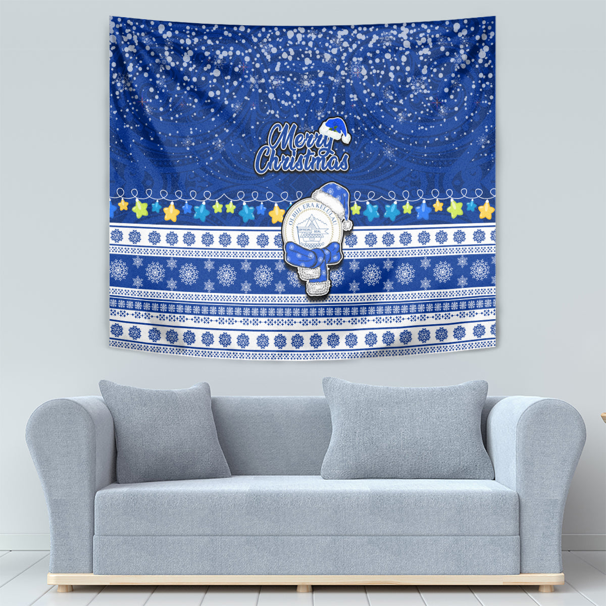 Palau Christmas Tapestry Snowman Hugs Palau Coat of Arms Maori Pattern Blue Style LT03 - Polynesian Pride