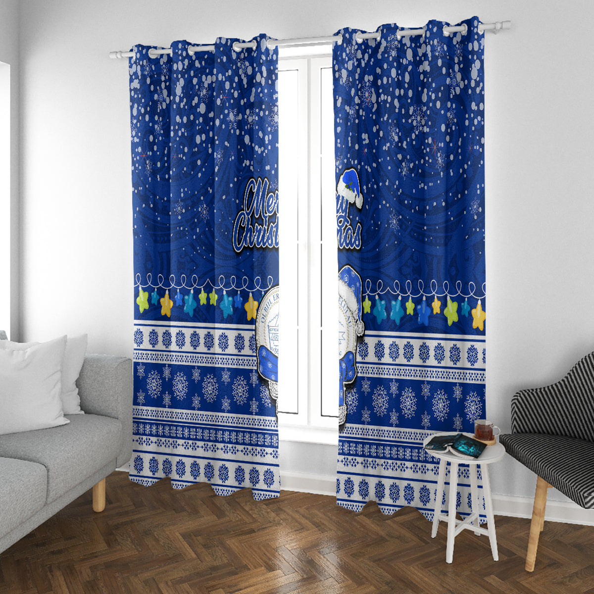 Palau Christmas Window Curtain Snowman Hugs Palau Coat of Arms Maori Pattern Blue Style LT03 With Grommets Blue - Polynesian Pride