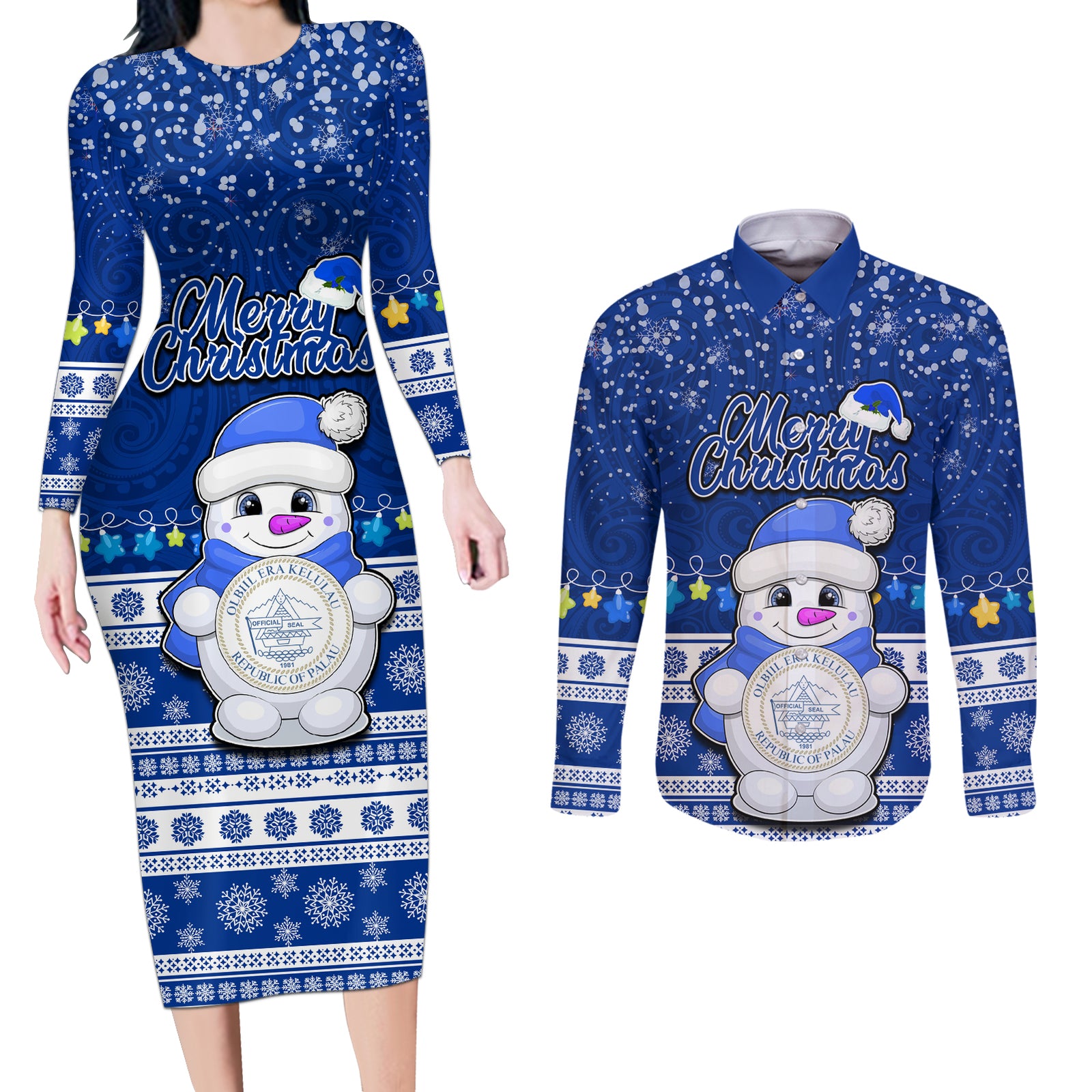 Personalised Palau Christmas Couples Matching Long Sleeve Bodycon Dress and Long Sleeve Button Shirt Snowman Hugs Palau Coat of Arms Maori Pattern Blue Style LT03 Blue - Polynesian Pride