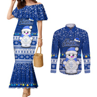 Personalised Palau Christmas Couples Matching Mermaid Dress and Long Sleeve Button Shirt Snowman Hugs Palau Coat of Arms Maori Pattern Blue Style LT03 Blue - Polynesian Pride