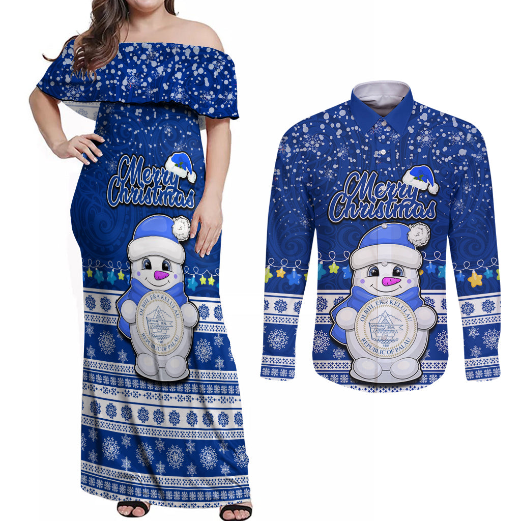 Personalised Palau Christmas Couples Matching Off Shoulder Maxi Dress and Long Sleeve Button Shirt Snowman Hugs Palau Coat of Arms Maori Pattern Blue Style LT03 Blue - Polynesian Pride