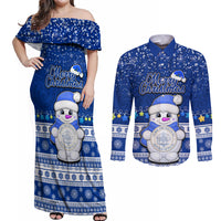Personalised Palau Christmas Couples Matching Off Shoulder Maxi Dress and Long Sleeve Button Shirt Snowman Hugs Palau Coat of Arms Maori Pattern Blue Style LT03 Blue - Polynesian Pride