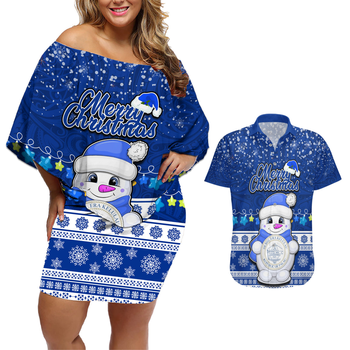 Personalised Palau Christmas Couples Matching Off Shoulder Short Dress and Hawaiian Shirt Snowman Hugs Palau Coat of Arms Maori Pattern Blue Style LT03 Blue - Polynesian Pride