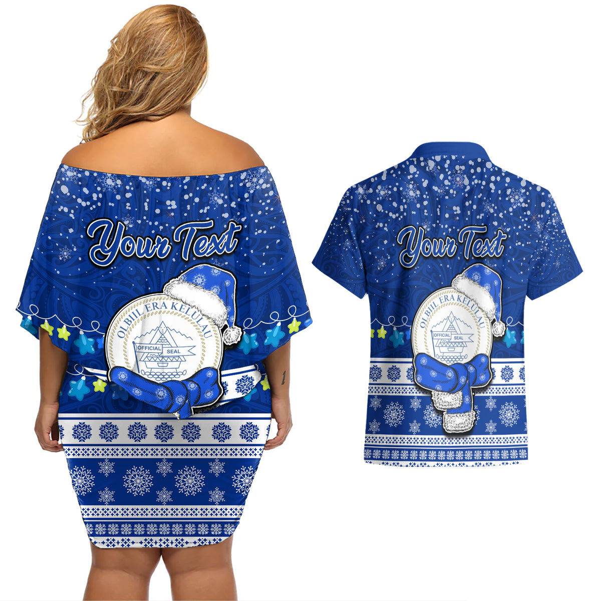 Personalised Palau Christmas Couples Matching Off Shoulder Short Dress and Hawaiian Shirt Snowman Hugs Palau Coat of Arms Maori Pattern Blue Style LT03 - Polynesian Pride