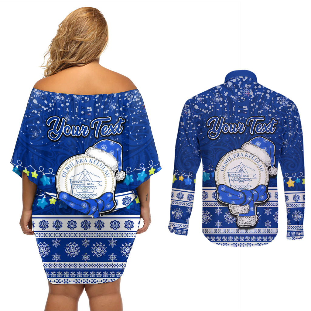Personalised Palau Christmas Couples Matching Off Shoulder Short Dress and Long Sleeve Button Shirt Snowman Hugs Palau Coat of Arms Maori Pattern Blue Style LT03 - Polynesian Pride
