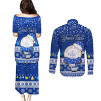 Personalised Palau Christmas Couples Matching Puletasi Dress and Long Sleeve Button Shirt Snowman Hugs Palau Coat of Arms Maori Pattern Blue Style LT03 - Polynesian Pride