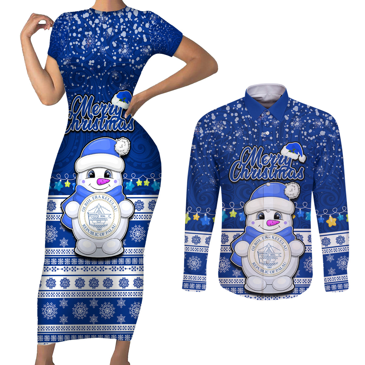 Personalised Palau Christmas Couples Matching Short Sleeve Bodycon Dress and Long Sleeve Button Shirt Snowman Hugs Palau Coat of Arms Maori Pattern Blue Style LT03 Blue - Polynesian Pride