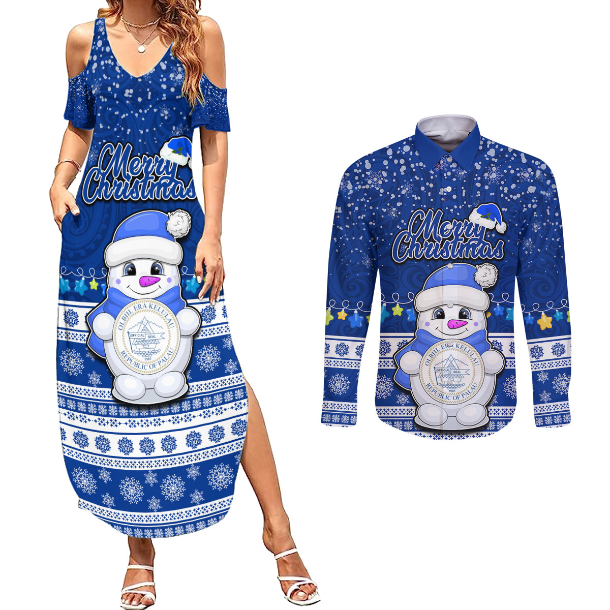 Personalised Palau Christmas Couples Matching Summer Maxi Dress and Long Sleeve Button Shirt Snowman Hugs Palau Coat of Arms Maori Pattern Blue Style LT03 Blue - Polynesian Pride