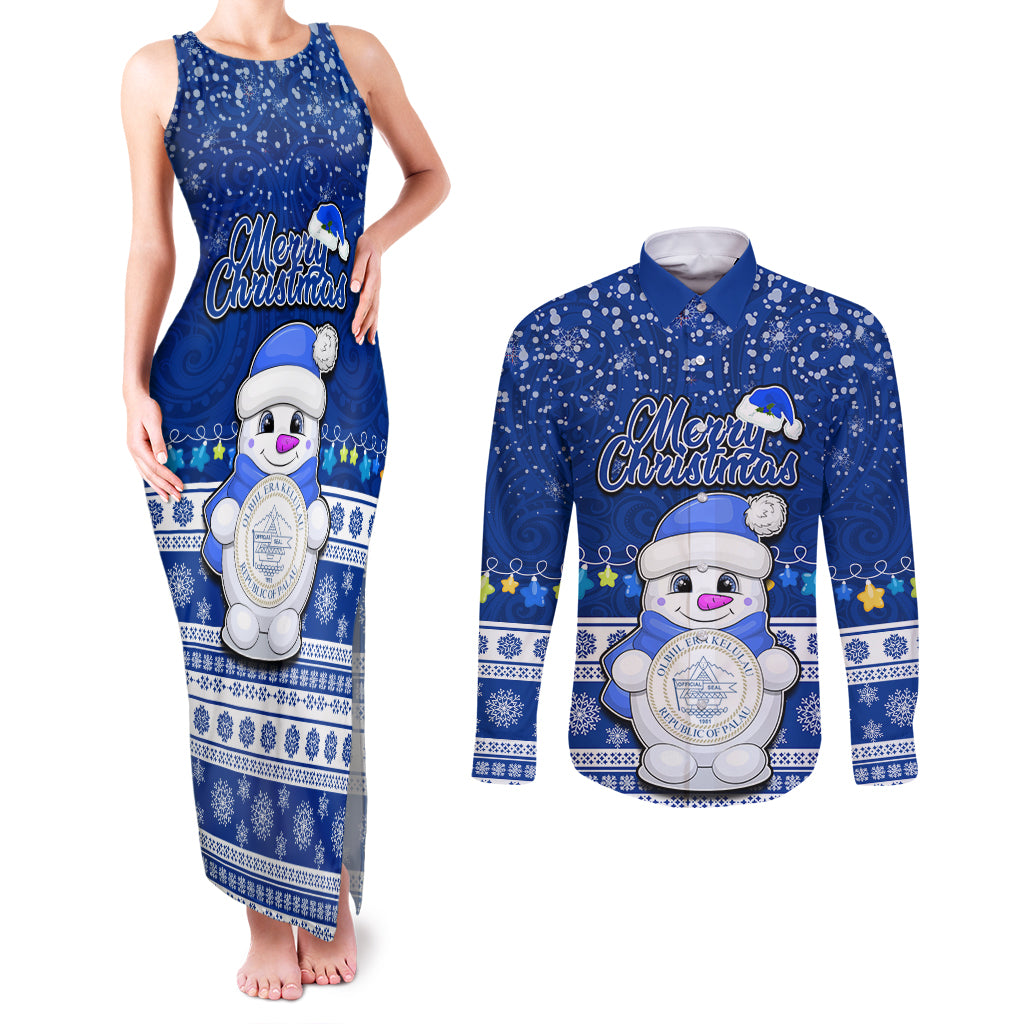 Personalised Palau Christmas Couples Matching Tank Maxi Dress and Long Sleeve Button Shirt Snowman Hugs Palau Coat of Arms Maori Pattern Blue Style LT03 Blue - Polynesian Pride