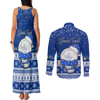 Personalised Palau Christmas Couples Matching Tank Maxi Dress and Long Sleeve Button Shirt Snowman Hugs Palau Coat of Arms Maori Pattern Blue Style LT03 - Polynesian Pride