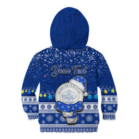 Personalised Palau Christmas Kid Hoodie Snowman Hugs Palau Coat of Arms Maori Pattern Blue Style LT03 - Polynesian Pride