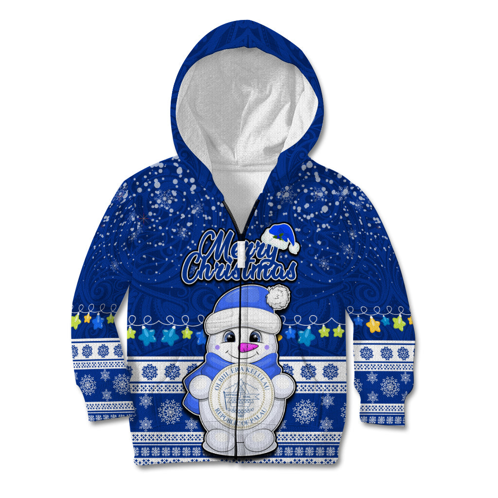 Personalised Palau Christmas Kid Hoodie Snowman Hugs Palau Coat of Arms Maori Pattern Blue Style LT03 Zip Hoodie Blue - Polynesian Pride