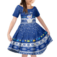 Personalised Palau Christmas Kid Short Sleeve Dress Snowman Hugs Palau Coat of Arms Maori Pattern Blue Style LT03 KID Blue - Polynesian Pride
