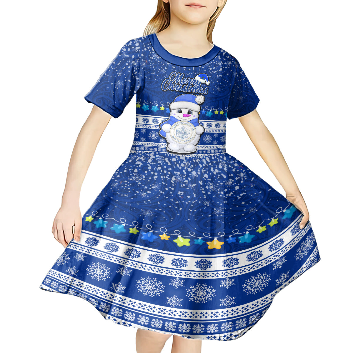 Personalised Palau Christmas Kid Short Sleeve Dress Snowman Hugs Palau Coat of Arms Maori Pattern Blue Style LT03 - Polynesian Pride