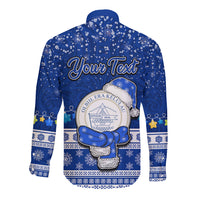 Personalised Palau Christmas Long Sleeve Button Shirt Snowman Hugs Palau Coat of Arms Maori Pattern Blue Style LT03 - Polynesian Pride