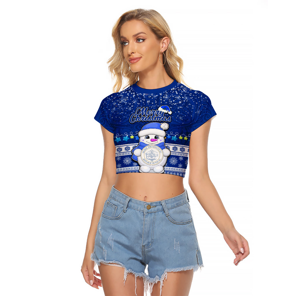 Personalised Palau Christmas Raglan Cropped T Shirt Snowman Hugs Palau Coat of Arms Maori Pattern Blue Style LT03 Female Blue - Polynesian Pride