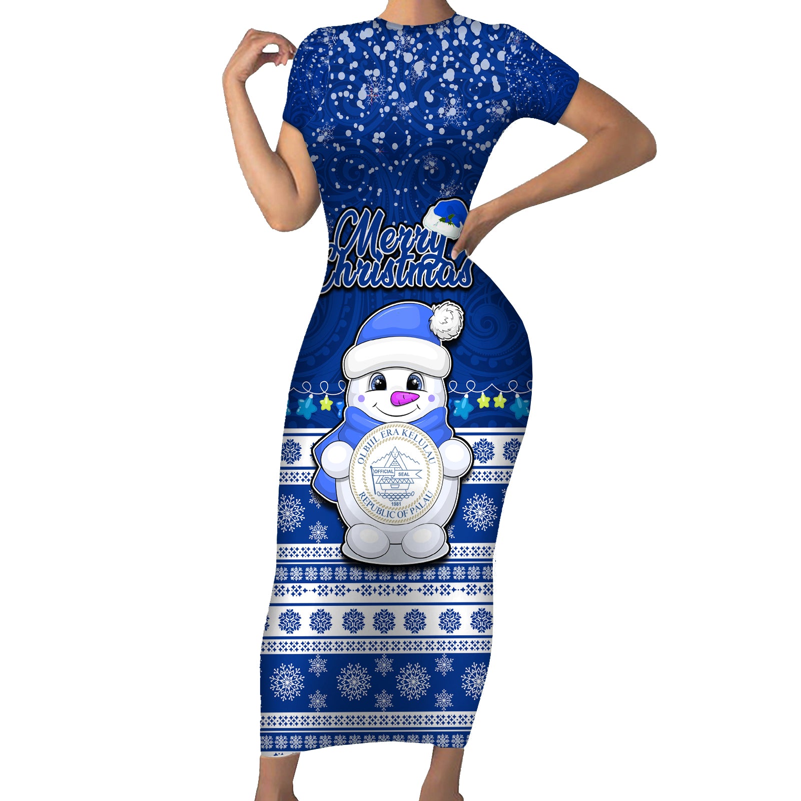 Personalised Palau Christmas Short Sleeve Bodycon Dress Snowman Hugs Palau Coat of Arms Maori Pattern Blue Style LT03 Long Dress Blue - Polynesian Pride