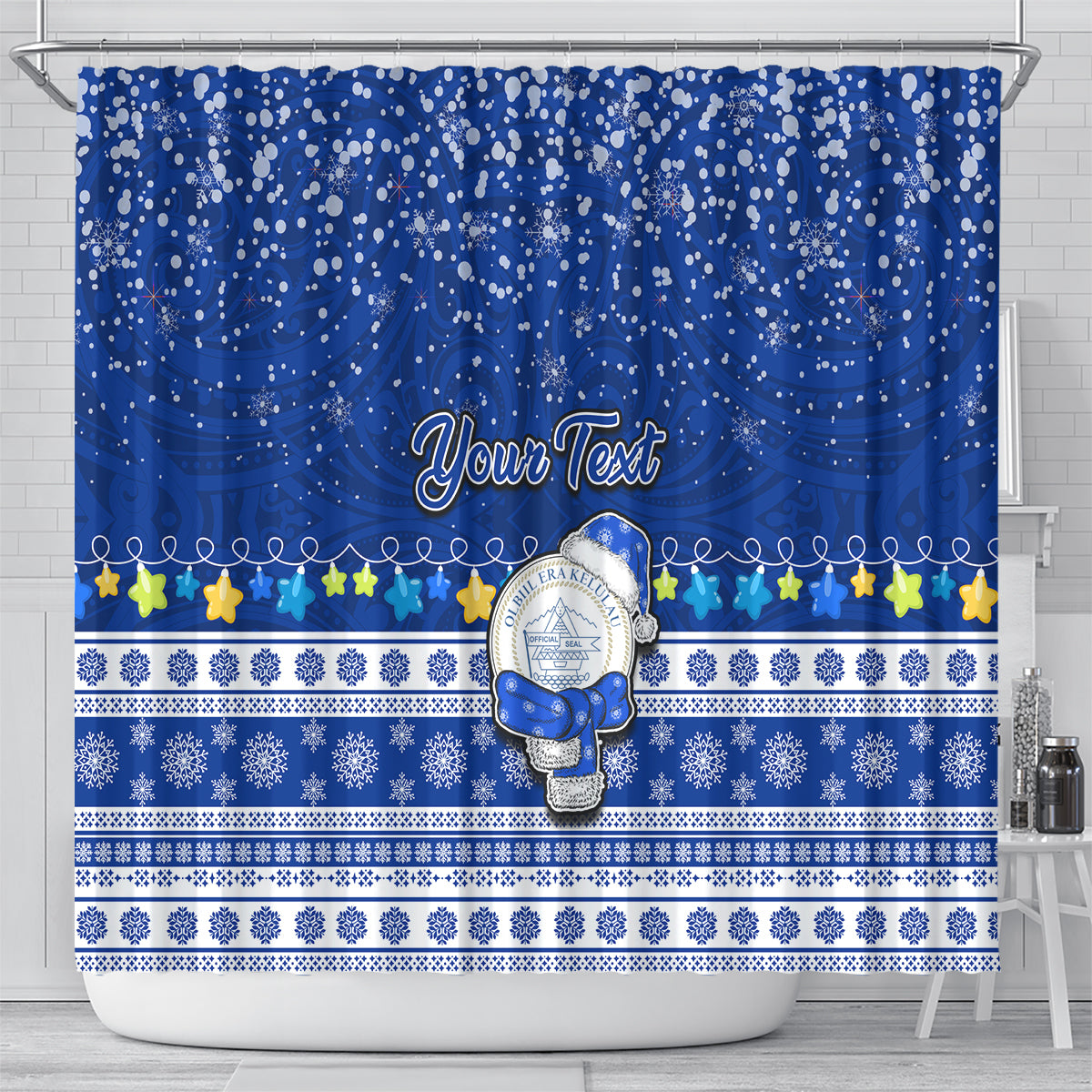 Personalised Palau Christmas Shower Curtain Snowman Hugs Palau Coat of Arms Maori Pattern Blue Style LT03 - Polynesian Pride